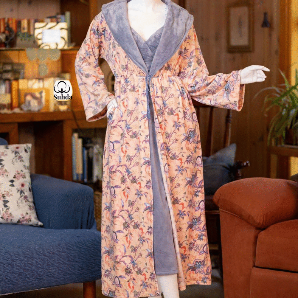 طقم نوم قطني بنفسجي مع روب طويل مزهر من سهدى بتصميم دافئ وأنيق