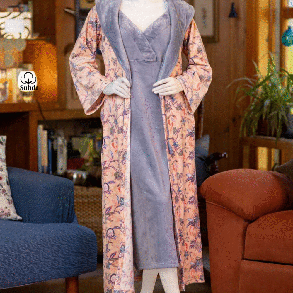 طقم نوم قطني بنفسجي مع روب طويل مزهر من سهدى بتصميم دافئ وأنيق