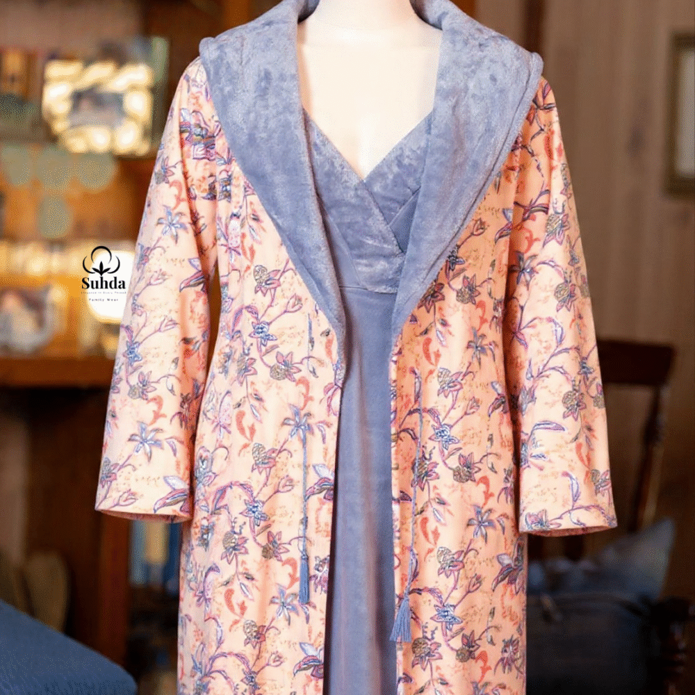 طقم نوم قطني بنفسجي مع روب طويل مزهر من سهدى بتصميم دافئ وأنيق