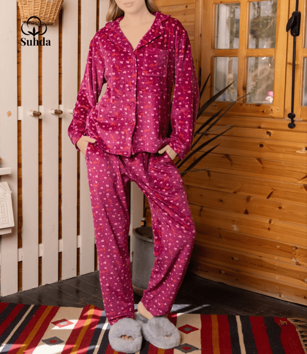 بيجاما نسائية شتوية مخملية بلون فوشي مع طبعة قلوب صغيرة وبلوزة بأزرار.