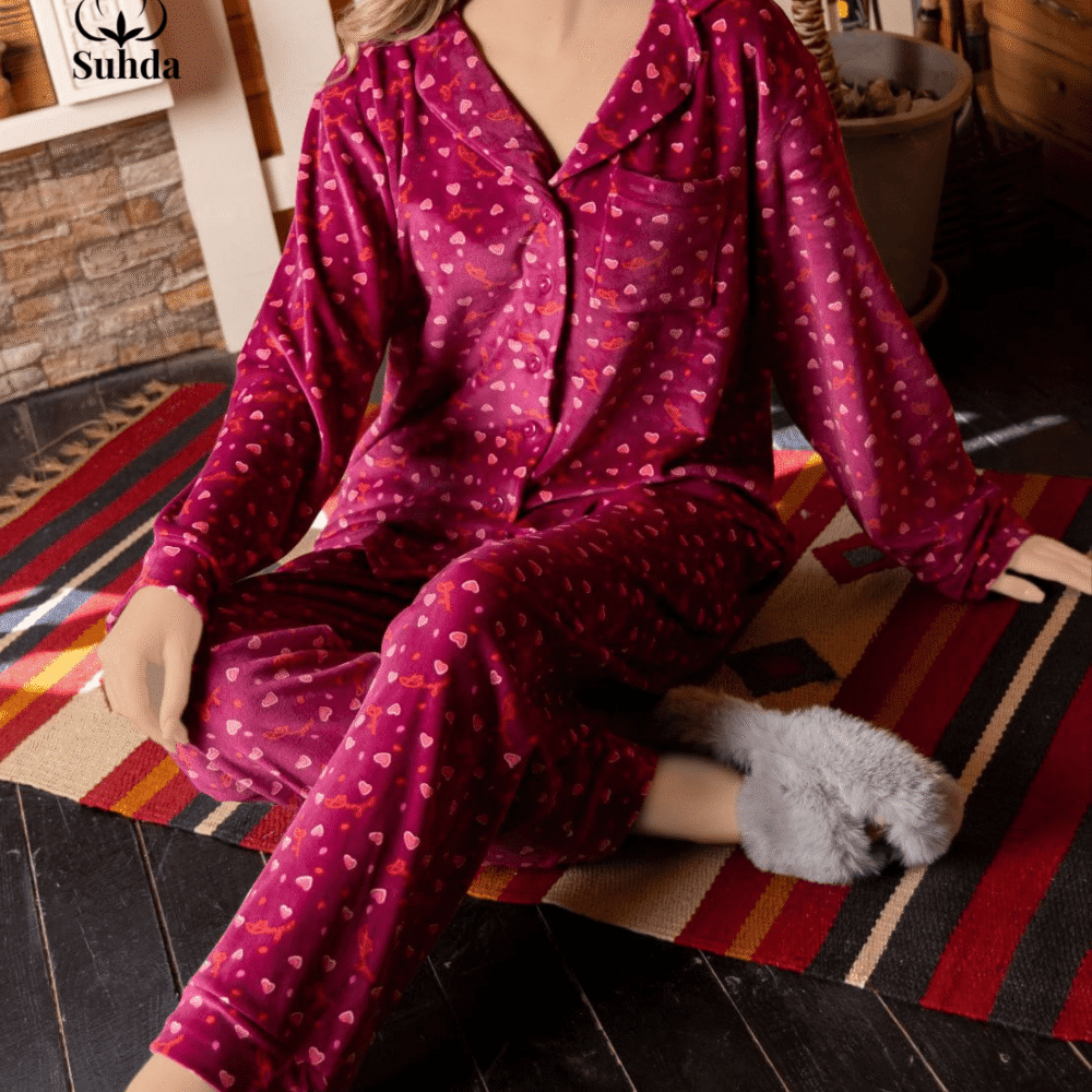 بيجاما نسائية شتوية مخملية بلون فوشي مع طبعة قلوب صغيرة وبلوزة بأزرار.