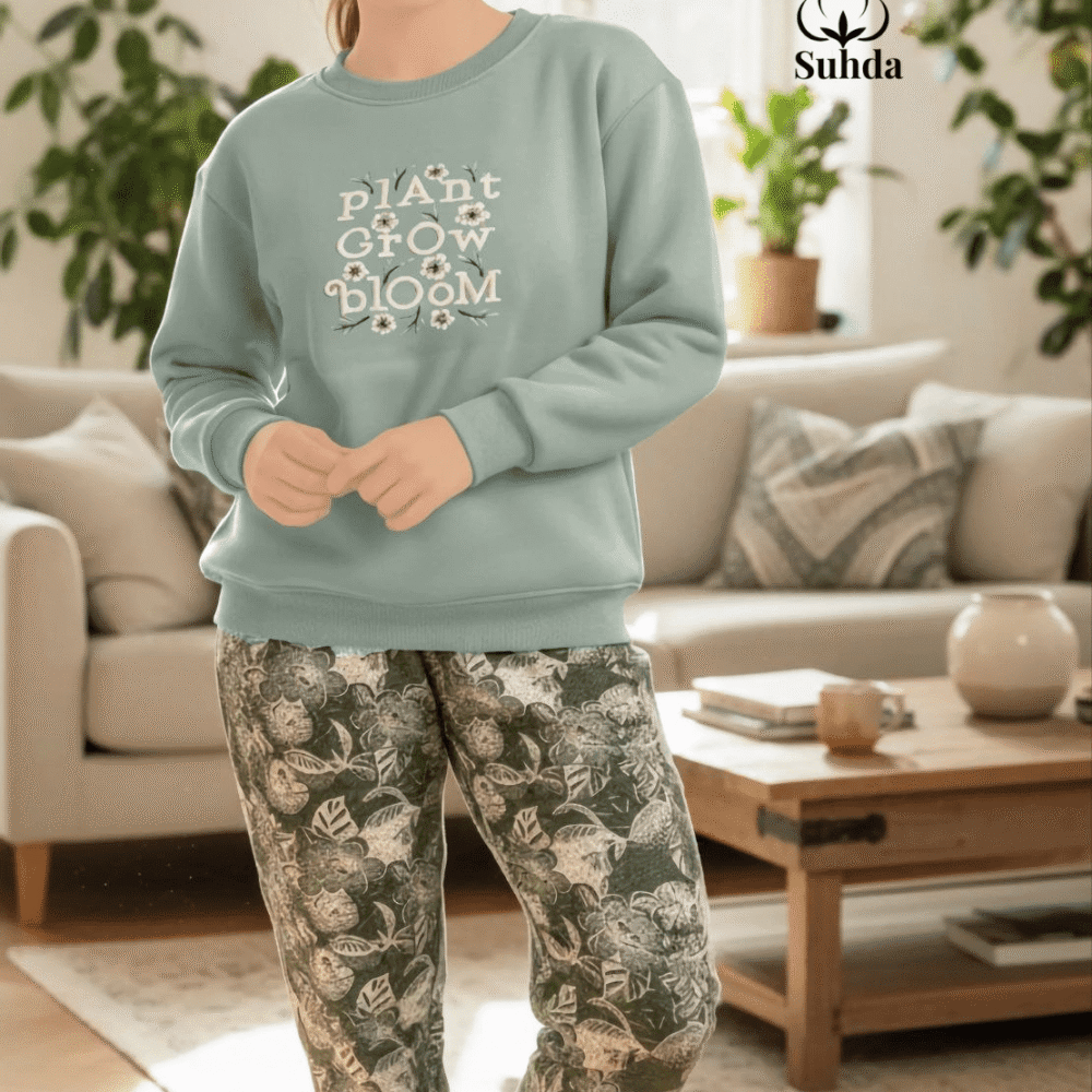 بيجامتان شتويتان نسائيتان بلون زيتي ونعناع فاتح مع بنطال بنقشة أوراق نباتية.