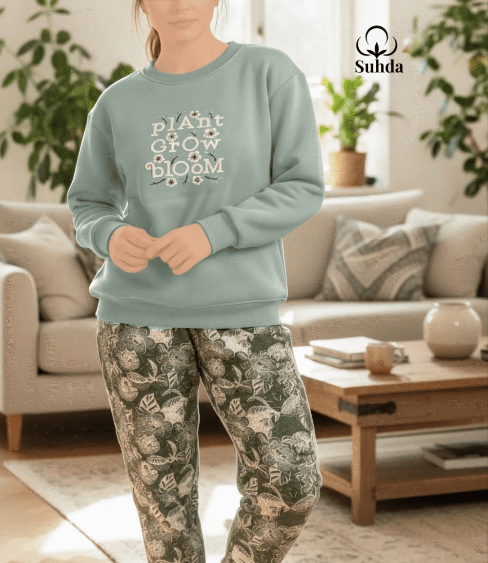 بيجامتان شتويتان نسائيتان بلون زيتي ونعناع فاتح مع بنطال بنقشة أوراق نباتية.