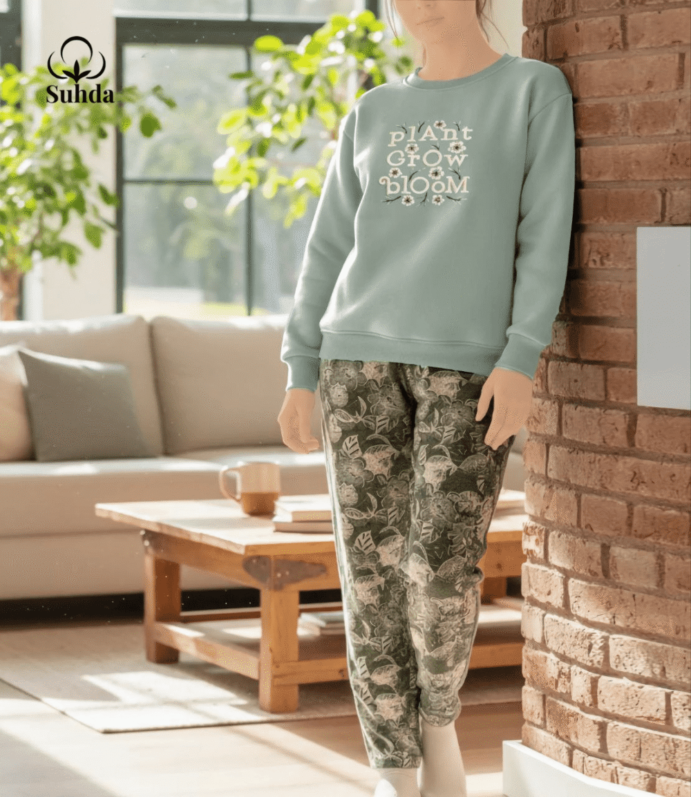 بيجامتان شتويتان نسائيتان بلون زيتي ونعناع فاتح مع بنطال بنقشة أوراق نباتية.