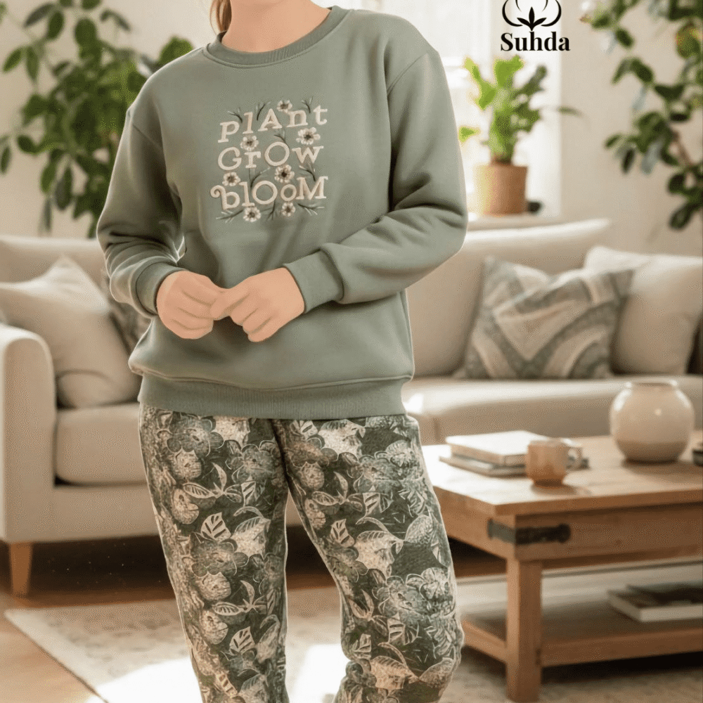 بيجامتان شتويتان نسائيتان بلون زيتي ونعناع فاتح مع بنطال بنقشة أوراق نباتية.