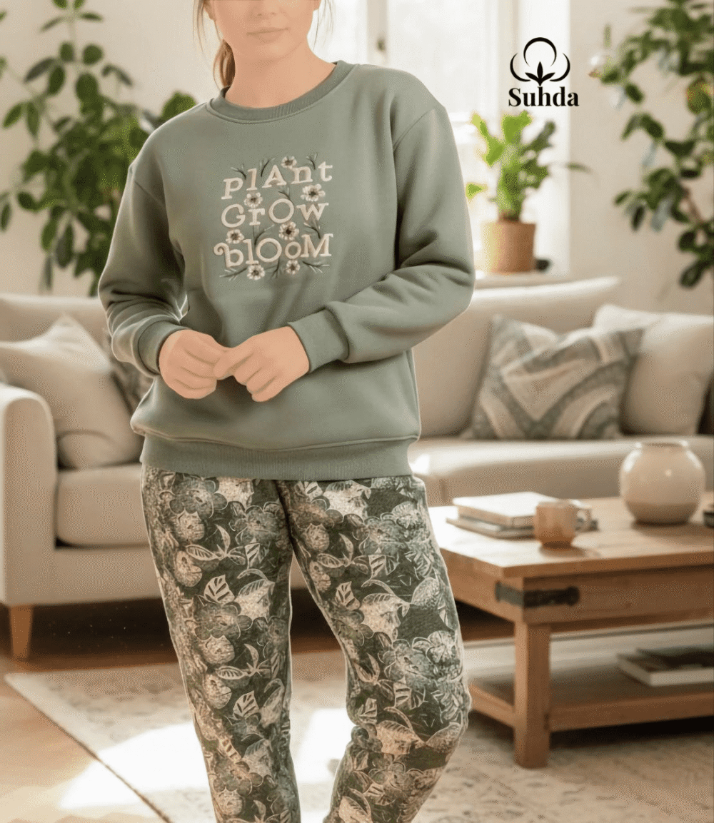 بيجامتان شتويتان نسائيتان بلون زيتي ونعناع فاتح مع بنطال بنقشة أوراق نباتية.