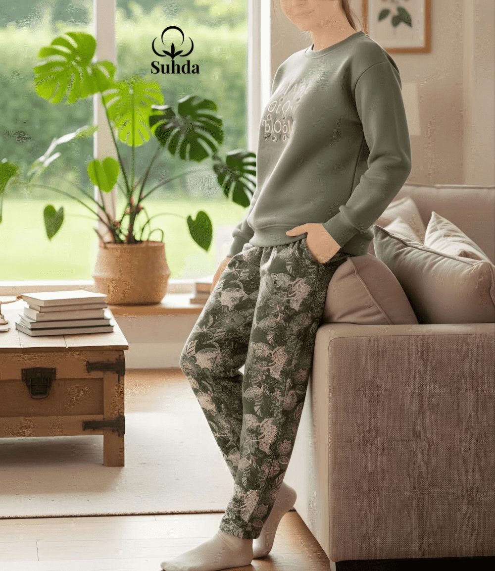 بيجامتان شتويتان نسائيتان بلون زيتي ونعناع فاتح مع بنطال بنقشة أوراق نباتية.