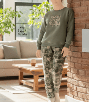 بيجامتان شتويتان نسائيتان بلون زيتي ونعناع فاتح مع بنطال بنقشة أوراق نباتية.