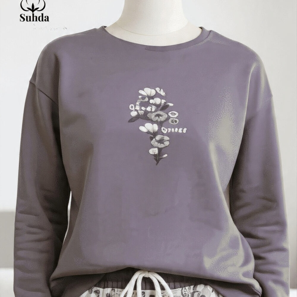 طقم زهرة الليل – بيجاما شتوية بنفسجي رمادي أنيق