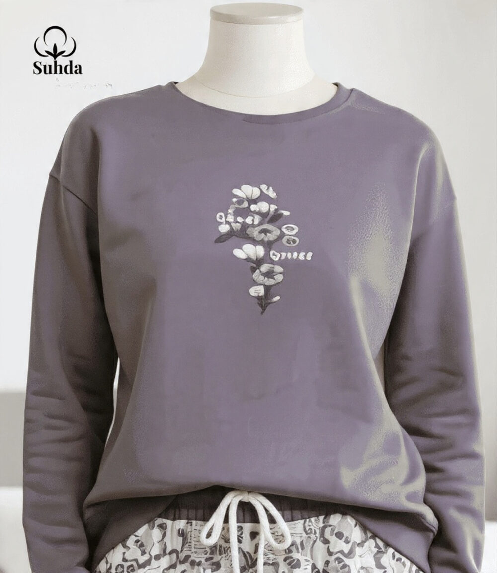 طقم زهرة الليل – بيجاما شتوية بنفسجي رمادي أنيق